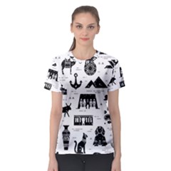 Dark Seamless Pattern Symbols Landmarks Signs Egypt Women s Sport Mesh Tee