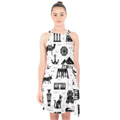 Dark Seamless Pattern Symbols Landmarks Signs Egypt Halter Collar Waist Tie Chiffon Dress