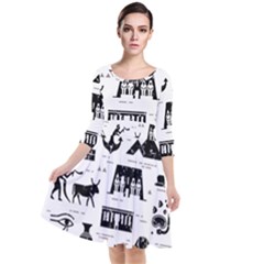 Dark Seamless Pattern Symbols Landmarks Signs Egypt Quarter Sleeve Waist Band Dress