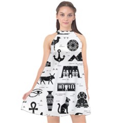 Dark Seamless Pattern Symbols Landmarks Signs Egypt Halter Neckline Chiffon Dress 