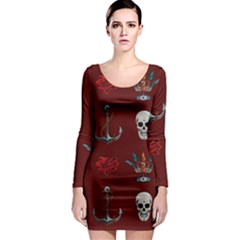 Tattoo Old School Background Pattern Long Sleeve Bodycon Dress by Wegoenart