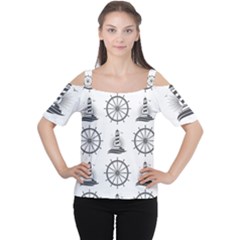 Marine Nautical Seamless Pattern With Vintage Lighthouse Wheel Cutout Shoulder Tee