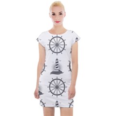 Marine Nautical Seamless Pattern With Vintage Lighthouse Wheel Cap Sleeve Bodycon Dress by Wegoenart