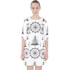 Marine Nautical Seamless Pattern With Vintage Lighthouse Wheel Pocket Dress by Wegoenart