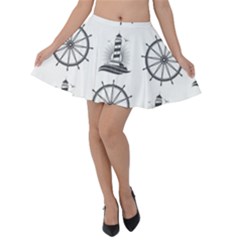 Marine Nautical Seamless Pattern With Vintage Lighthouse Wheel Velvet Skater Skirt by Wegoenart