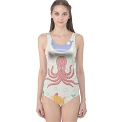 Underwater Seamless Pattern Light Background Funny One Piece Swimsuit