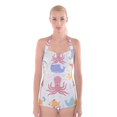 Underwater Seamless Pattern Light Background Funny Boyleg Halter Swimsuit 