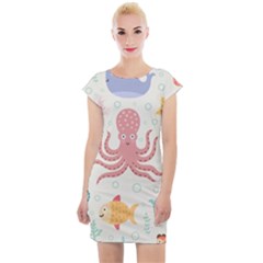 Underwater Seamless Pattern Light Background Funny Cap Sleeve Bodycon Dress