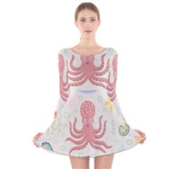 Underwater Seamless Pattern Light Background Funny Long Sleeve Velvet Skater Dress