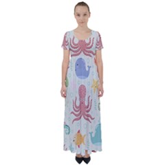 Underwater Seamless Pattern Light Background Funny High Waist Short Sleeve Maxi Dress