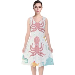 Underwater Seamless Pattern Light Background Funny V-neck Midi Sleeveless Dress  by Wegoenart