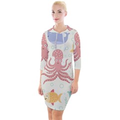 Underwater Seamless Pattern Light Background Funny Quarter Sleeve Hood Bodycon Dress