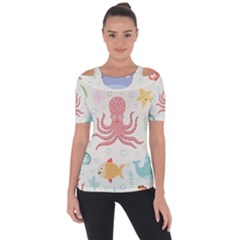 Underwater Seamless Pattern Light Background Funny Shoulder Cut Out Short Sleeve Top