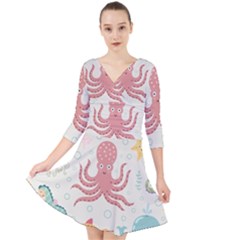 Underwater Seamless Pattern Light Background Funny Quarter Sleeve Front Wrap Dress