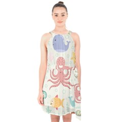 Underwater Seamless Pattern Light Background Funny Halter Collar Waist Tie Chiffon Dress