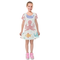 Underwater Seamless Pattern Light Background Funny Kids  Short Sleeve Velvet Dress