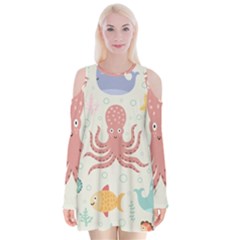 Underwater Seamless Pattern Light Background Funny Velvet Long Sleeve Shoulder Cutout Dress