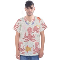 Underwater Seamless Pattern Light Background Funny Men s V-Neck Scrub Top