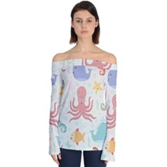 Underwater Seamless Pattern Light Background Funny Off Shoulder Long Sleeve Top