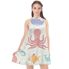 Underwater Seamless Pattern Light Background Funny Halter Neckline Chiffon Dress  by Wegoenart