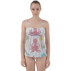 Underwater Seamless Pattern Light Background Funny Twist Front Tankini Set