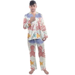 Underwater Seamless Pattern Light Background Funny Men s Satin Pajamas Long Pants Set