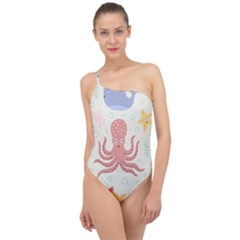 Underwater Seamless Pattern Light Background Funny Classic One Shoulder Swimsuit