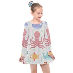 Underwater Seamless Pattern Light Background Funny Kids  Long Sleeve Dress