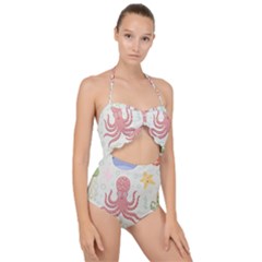 Underwater Seamless Pattern Light Background Funny Scallop Top Cut Out Swimsuit