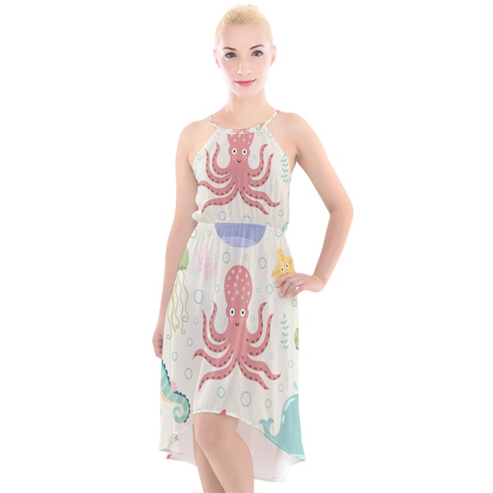 Underwater Seamless Pattern Light Background Funny High-Low Halter Chiffon Dress 