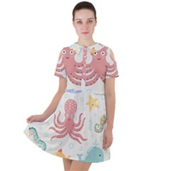 Underwater Seamless Pattern Light Background Funny Short Sleeve Shoulder Cut Out Dress 