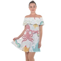 Underwater Seamless Pattern Light Background Funny Off Shoulder Velour Dress