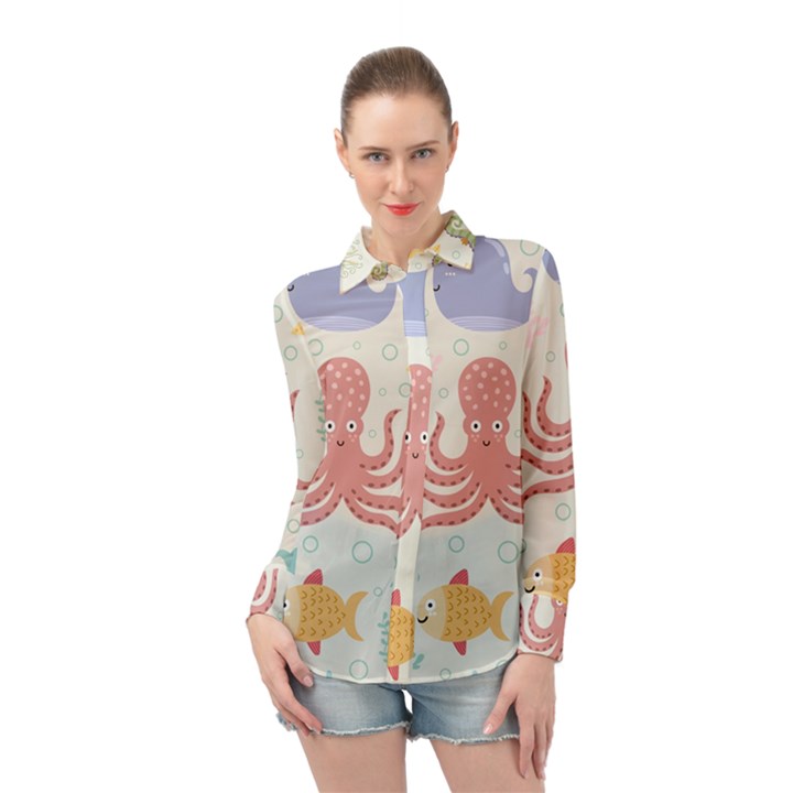 Underwater Seamless Pattern Light Background Funny Long Sleeve Chiffon Shirt