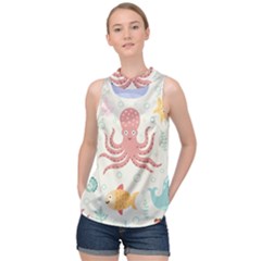 Underwater Seamless Pattern Light Background Funny High Neck Satin Top