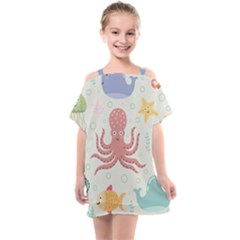 Underwater Seamless Pattern Light Background Funny Kids  One Piece Chiffon Dress