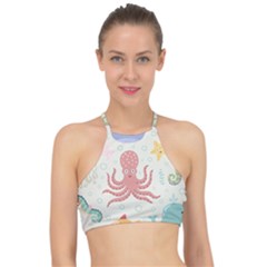 Underwater Seamless Pattern Light Background Funny Racer Front Bikini Top