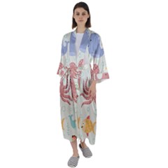 Underwater Seamless Pattern Light Background Funny Maxi Satin Kimono