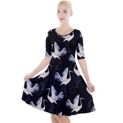 Crane Pattern Quarter Sleeve A-Line Dress