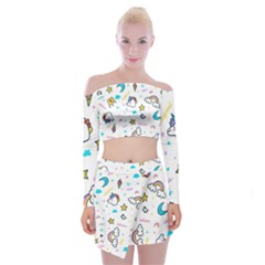 Unicorns Rainbows Seamless Pattern Off Shoulder Top With Mini Skirt Set