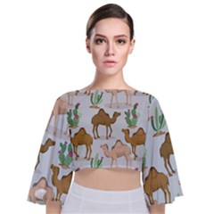 Camels Cactus Desert Pattern Tie Back Butterfly Sleeve Chiffon Top by Wegoenart