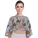 Camels Cactus Desert Pattern Tie Back Butterfly Sleeve Chiffon Top View1