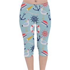 Nautical Marine Symbols Seamless Pattern Velvet Capri Leggings 