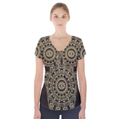 Hamsa Hand Drawn Symbol With Flower Decorative Pattern Short Sleeve Front Detail Top by Wegoenart