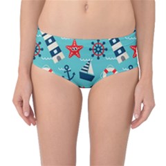 Seamless Pattern Nautical Icons Cartoon Style Mid-Waist Bikini Bottoms