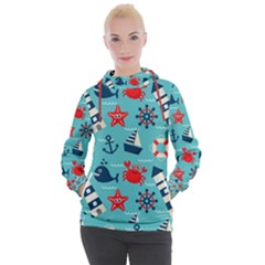 Seamless Pattern Nautical Icons Cartoon Style Women s Hooded Pullover by Wegoenart