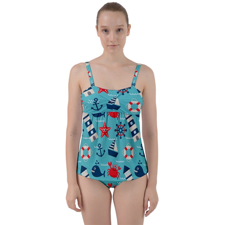 Seamless Pattern Nautical Icons Cartoon Style Twist Front Tankini Set