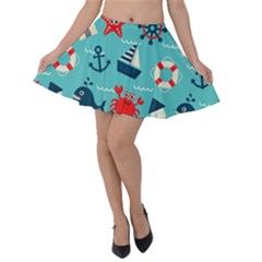 Seamless Pattern Nautical Icons Cartoon Style Velvet Skater Skirt