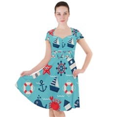 Seamless Pattern Nautical Icons Cartoon Style Cap Sleeve Midi Dress