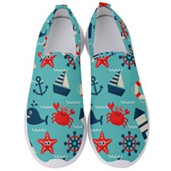 Seamless Pattern Nautical Icons Cartoon Style Men s Slip On Sneakers