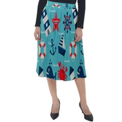 Seamless Pattern Nautical Icons Cartoon Style Classic Velour Midi Skirt 